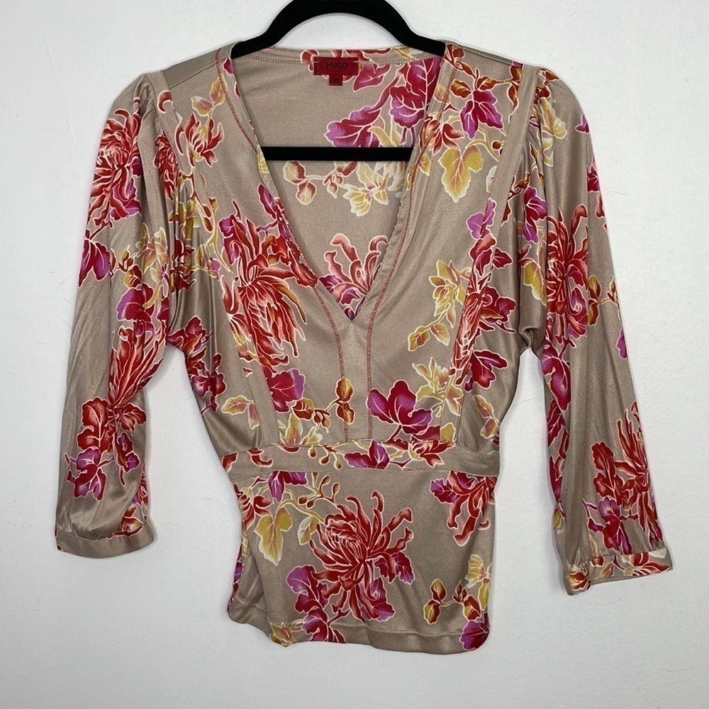 Y2K Hugo Boss 100% silk floral puff shoulder top